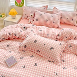 Nayoroom Bed Linen 135 x 200 cm Pink Caries Black Bows Hearts Duvet Cover Set 2-Piece Aesthetic Cute Girls Renforce Microfibre Modern Bedding Sets and Pillowcase 80 x 80 cm with Zip