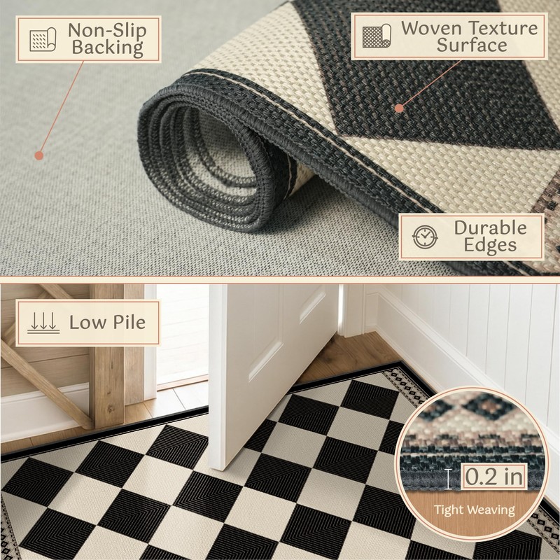 Black and White Diamond Outdoor Easy Jute Front Porch Rug