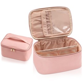 Women's Cosmetic Bag, Travel Makeup Bag, Large Make Up Bag, Organiser, Waterproof Travel Cosmetic Bag with Handle and Brush Compartment, Toiletry Bag, pink, Fashions