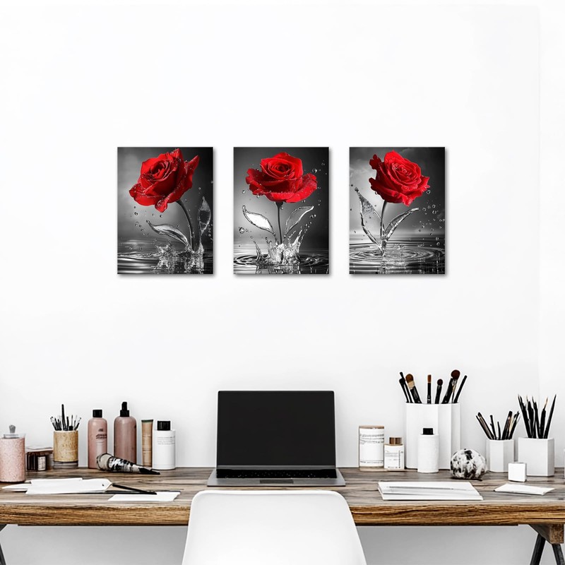 DuoBaorom Rose Zen Wall Art Red Canvas Bathroom Decor Black