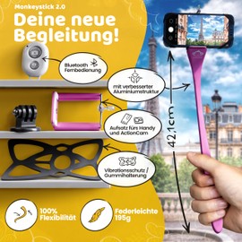 MONKEYSTICK 2.0 Selfie Stick [Das Original] Ultra flexibel - Handy Stativ, Tripod mit Vibrationsschutz für jeden Anlass + BT-Fernbedienung und Reisetasche