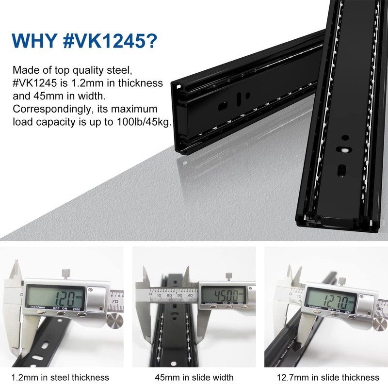 VADANIA 18" Soft Close Drawer Slide, #VK1245, 3-Fold Full Extension,