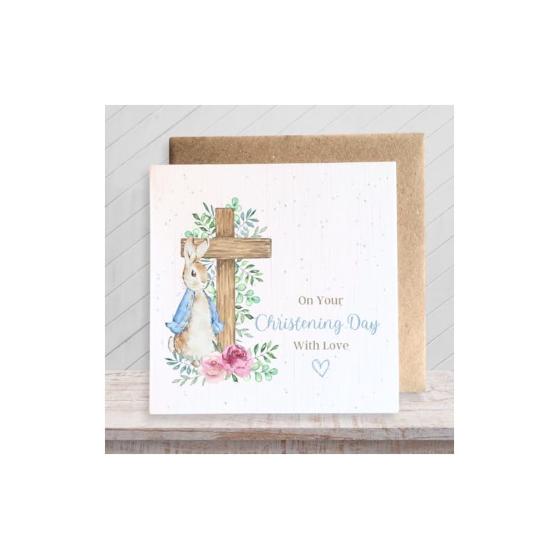 Second Ave Cute Blue Bunny Rabbit Christening Day Square Card