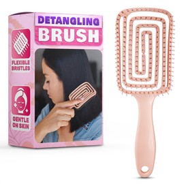 Pink Hair Detangler Brush - Curved Vented Brush for Thick Hair, Lightweight and Ergonomic, Convenient Size, Suitable for All Curl Types (Includes Wigs), Good for Men, Women, and Teens