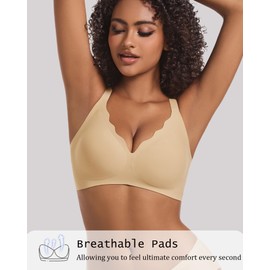 Soft Bras for Women No Underwire Scalloped Bralettes Seamless with Full Coverage Cross Back,Nude,L