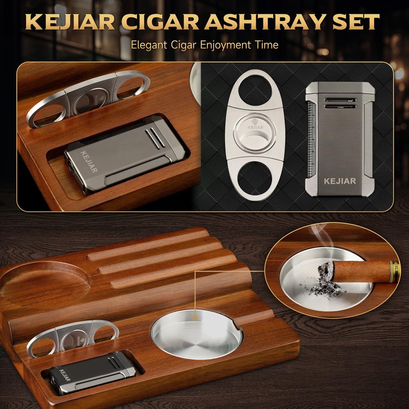 KEJIAR Cigar Ashtray, Wooden Base with Removable and Washable Outdoor