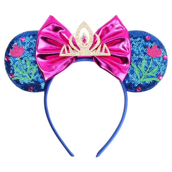 bianbaistar Royal Blue Sequin Mouse Ears Headband, Embroidered Floral Crown