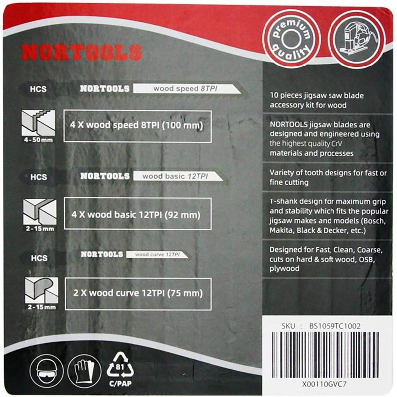 NORTOOLS Jigsaw Blade Set 10 Pcs T Shank HCS Clean