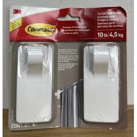 Unbranded Command White Curtain Rod Hooks, 2 White Hooks, 4 Adhesive Strips, Reusable