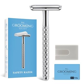Maquinilla de afeitar de seguridad de doble filo de The Grooming Society con mango cromado y cubierta de silicona y 10 hojas