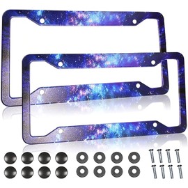 Galaxy License Plate Frame - 2 Pcs Set Quality Aluminum Metal Blue Purple Starry Sky Night Car Tag Holders 4 Holes for US Canadian Car (12.3" x 6.3")