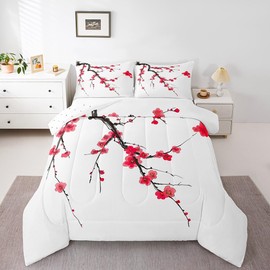Feelyou Kids Cherry Blossoms Comforter Set Twin Size Japanese Style Bedding Set Boys Girls Sakura Flower Comforter Floral Botanical Branches Spring Quilt Set