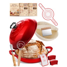 Dutch Oven Bread Baking Pot with Lid 6QT Enameled Cast Iron Oven, Gradient Red Design & Complete Sourdough Kit (Banneton Basket, Dough Tools, Silicone Sling) for Artisan Bread Making