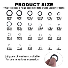 400 Pcs O-ring Seals, 24 Sizes Rubber Electrical Gasket Kit, Insulated Pipe Plumber O-ring Washers Set
