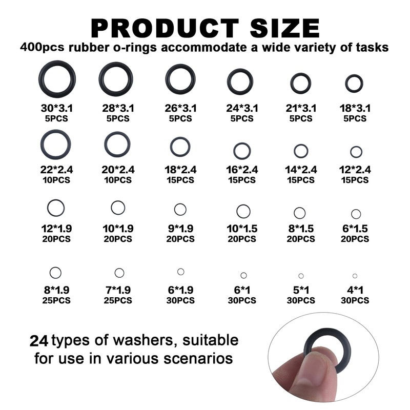 400 Pcs O-ring Seals, 24 Sizes Rubber Electrical Gasket Kit,