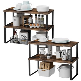 OGEMXU Cabinet Shelf Organizers, 15.7 inches Large Kitchen Counter Shelf, Set of 4 Wood Kitchen Pantry Organizer, Storage Shelves for Countertop, Spice Rack, Stackable, Expandable, Metal Black, Brown