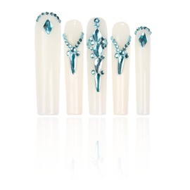 Artiprint Glossy White Coffin Press-On Nails with Blue Rhinestone Detailing, Elegant & Chic Design, Ideal for Special Events and Parties (K002, S)