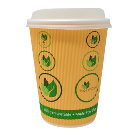 BioGreenChoice 12 oz. Compostable Eco-friendly Biodegradable Hot Cup with Bio Lining[144 Count], Ripple Wall Insulated Disposable Coffee cups(No sleeves needed), Leak-Proof & Microwave Safe Paper cups