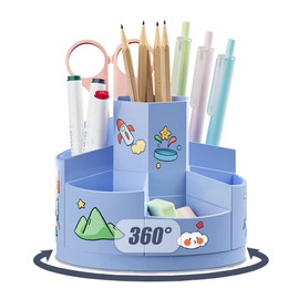 Kaizuca 360° Drehbar Kinder Kreativ Stifthalter, Drehbar Stiftköcher, Schreibtisch Organizer, mit 2 Stück Cartoon Aufkleber, mit 7 Fächer und Anti Rutsch Matten, für Büroaufbewahrung (Blau)