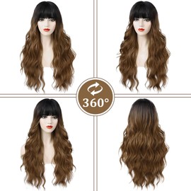 Wallden Hair Black to Brown Wig with Bangs Long Ombre Brown Curly Wavy Wigs Natural Looking Heat Resistant Synthetic Bangs Wig for Daily Party Use (Black to Brown,26 Inches)