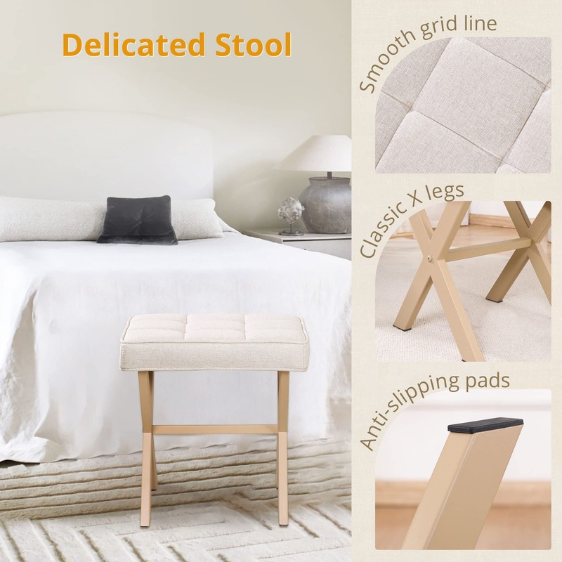 LUE BONA Square Linen Makeup Stool, Metal X Legs, Small