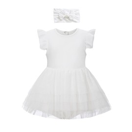 O2 BABY Organic Cotton Baby Girl Summer Dress Ruffle Romper Tulle Dress Jumpsuit with Headband Outfit Set（12-18Months, Ivory）
