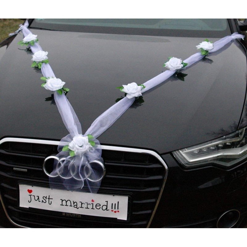 Autoschmuck Organza M garland with roses for bride and groom