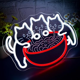 Ramen Cat Neon Sign for Wall Decor Dimmable Cat Eating Noodles Neon Light for Man Cave Birthday Gifts for Ramen Lover LED Noodle Sign for Resturant Dining Hall Kitchen Art Size14.9 * 10.3(WZCP201)