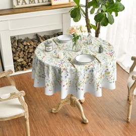 Horaldaily Spring Tablecloth 70×70 Inch Round, Light Green Flowers Washable Seasonal Table Cover for Party Picnic Dinner Decor