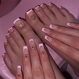 48pcs Pink French Acrylic Press on Nails with Toenails Set Short Coffin Fake Nails with Glossy Rhinestones Designs Cute Pink False Nails Tips Heart Charms Stick on Toenails for Women Girls