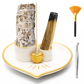 Zhaoyao Multifunction Incense Holder, 5.9‘’ Heart Ceramic Palo Santo Holder for Burning Sage Sticks, Incense Burner & Sage Holder & Candle Holder & Ash Catcher Tray for Meditation Room (Gold White)