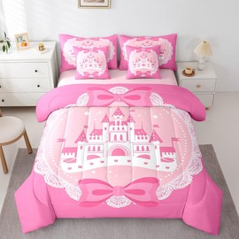 jejeloiu Girls Princess Comforter Set with Sheets Queen Size 7 Pieces Cartoon Castle Pink Bownot Bedding Set for Kids Boys Dreamy Fairy Tale Bed in a Bag Room Decor