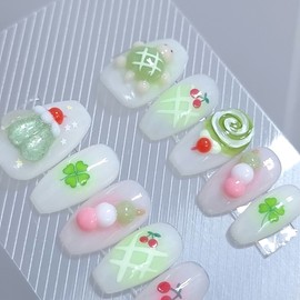 Green tea-eaten turtle handmade nail tip - Petit Square / 녹차먹은꼬북 수제네일팁 - 쁘띠스퀘어