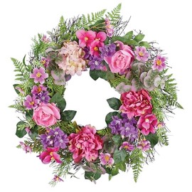 Collections Etc Pink and Purple Floral Spring Hanging Wreath