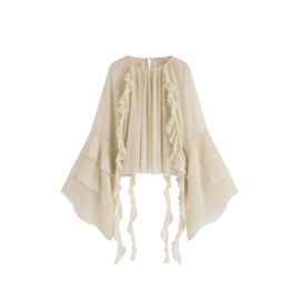 CIDER Womens Blouse Dressy Casual Crew Neck See Through Ruffle Hem Bell Sleeve Loose Fit Chiffon Blouse Beige
