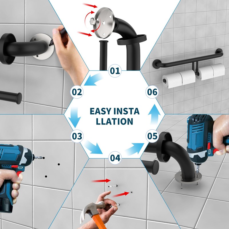 24 Inch Grab Bar w/Double Toilet Paper Roll Holder Black,