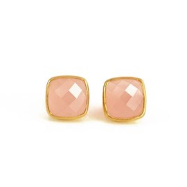 Pink Chalcedony stud earrings, everyday earrings, Vermeil Gold or silver, bezel set studs, cushion studs, October Birthstone studs, Birthday gift, pink cushion post earrings