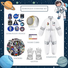 Astronaut Costume Kids Spaceman Costume Unisex Spaceman Role Play Costume Set with Jumpsuit Gloves Helmet Name card Astronaut Stickers Patches for Carnival World Book Day Costume Dress Up Party (L)