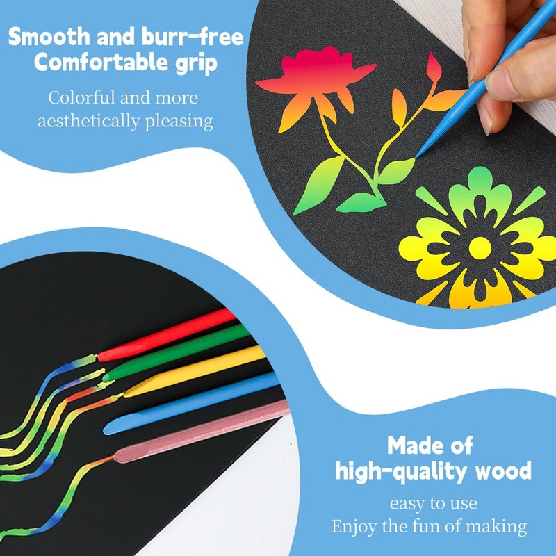 JRYXDS Pack of 50 Colourful Wooden Pens for Scratch Art,