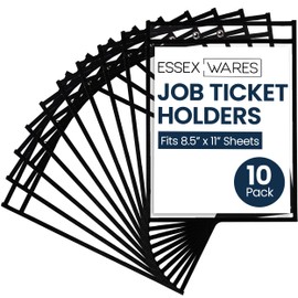 Essex Wares - 10 Pack, Black, Job Ticket Holders, 10" Wide x 13.5" Tall - Clear Plastic Shop Ticket Holders - Easy to Use, Reusable & Easy Erase Plastic Invoice Holders, Water-Resistant & Durable