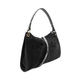 Kitise Women's Small Genuine Italian Suede Leather Tote Handbag Shoulder Bag With Detachable Strap -BLACK