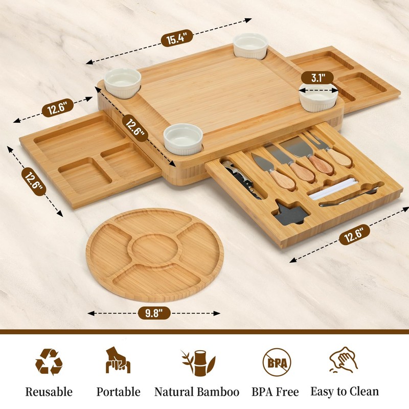 CAWIU Charcuterie Board with Lid – Large Bamboo Cheese Board