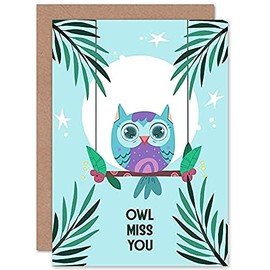 Wee Blue Coo Kawaii Owl Perch Miss You Greeting Card With Envelope Blank Inside Premium Quality