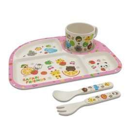 eco tableware lunch plates plates kids dinnerware lightweight natural material divider for toddlers (4 piece set, safari friends, pink)