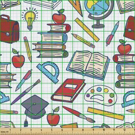 Ambesonne Science Fabric by The Yard, Elementary Theme Student Supplies Globe Paints and Brushes Books, Decorative Fabric for Upholstery and Home Accents, 1 Yard, Blue Red