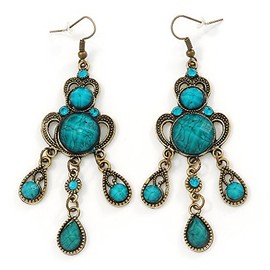 Victorian Style Teal/Azure Acrylic Bead Chandelier Earrings In Antique Gold Tone - 80mm L