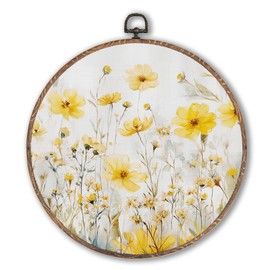 Hxlac Yellow Flower Round Wall Art Framed, Vintage Wildflower Round Wall Decor, Yellow Floral Cottagecore Canvas Prints for Farmhouse Home Bedroom Living Room Decor, 10x10 Inch