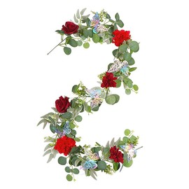FLCSIed 5.9 FT Artificial Flower Garland with Butterflies Fake Rose Garland Faux Greenery Eucalyptus Garlands for Wedding Table Backdrop Arch Centerpieces Decorations (Red)
