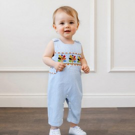 Ayalinggo My First Thanksgiving Baby Boy Outfit Sleeveless Jumpsuit Striped Overalls Turkey Smocked Romper Newborn Clothes, Sky Blue, 0-3 Months