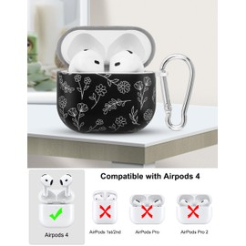 Aitipy Compatible with Airpods 4 Case, Floral Flower Soft TPU Shockproof Protective Cover with Keychain for Women Girl (Black)
